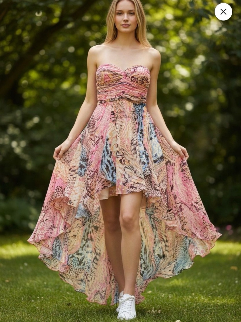 Adrianna Papell Strapless Pink Multi-Print High-Low Dress